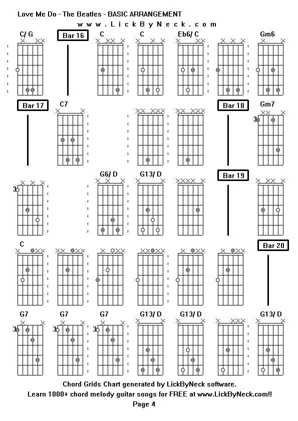 Chord Grids Chart of chord melody fingerstyle guitar song-Love Me Do - The Beatles - BASIC ARRANGEMENT,generated by LickByNeck software.